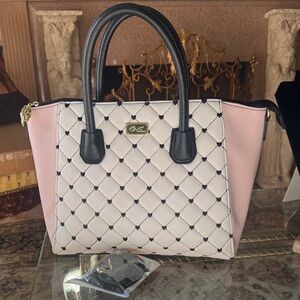 Betsey Johnson Pink, White & Black Quilted Satchel with Gold Plate